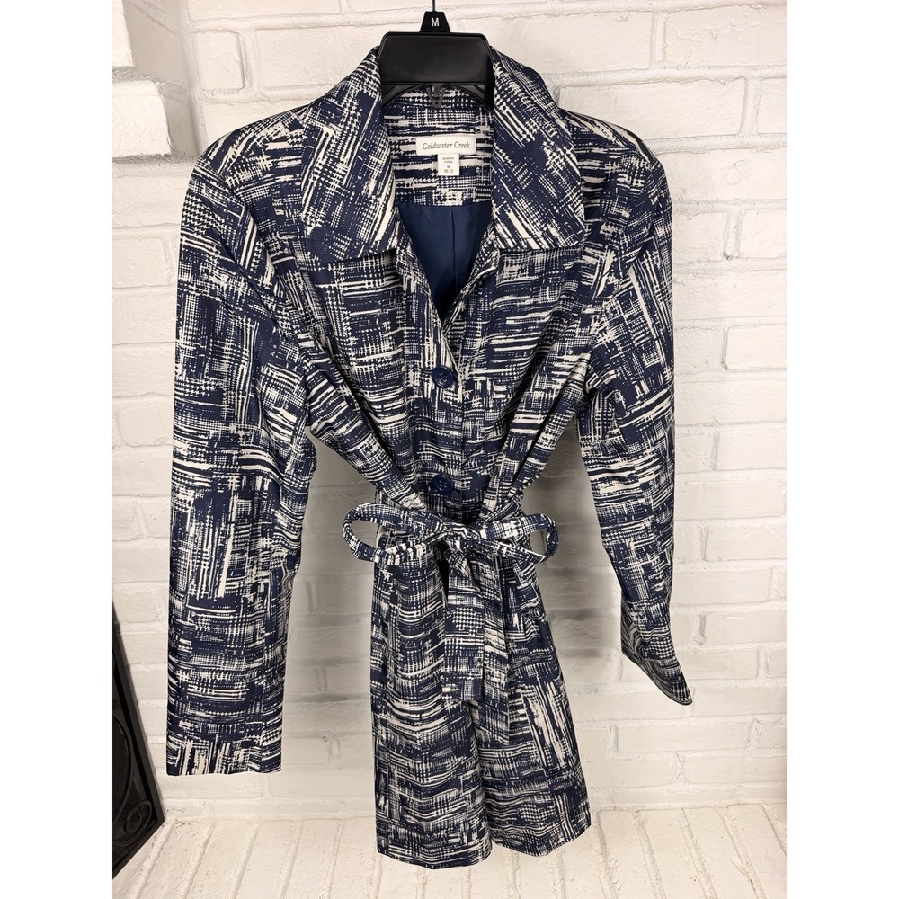 Coldwater Creek Womens M Navy Cream Abstract Belted Trench Coat Artsy Preppy